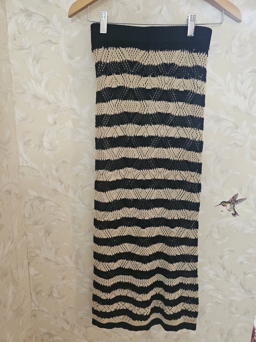 Striped Black and Cream Knit Maxi Skirt with Stretch Waistband